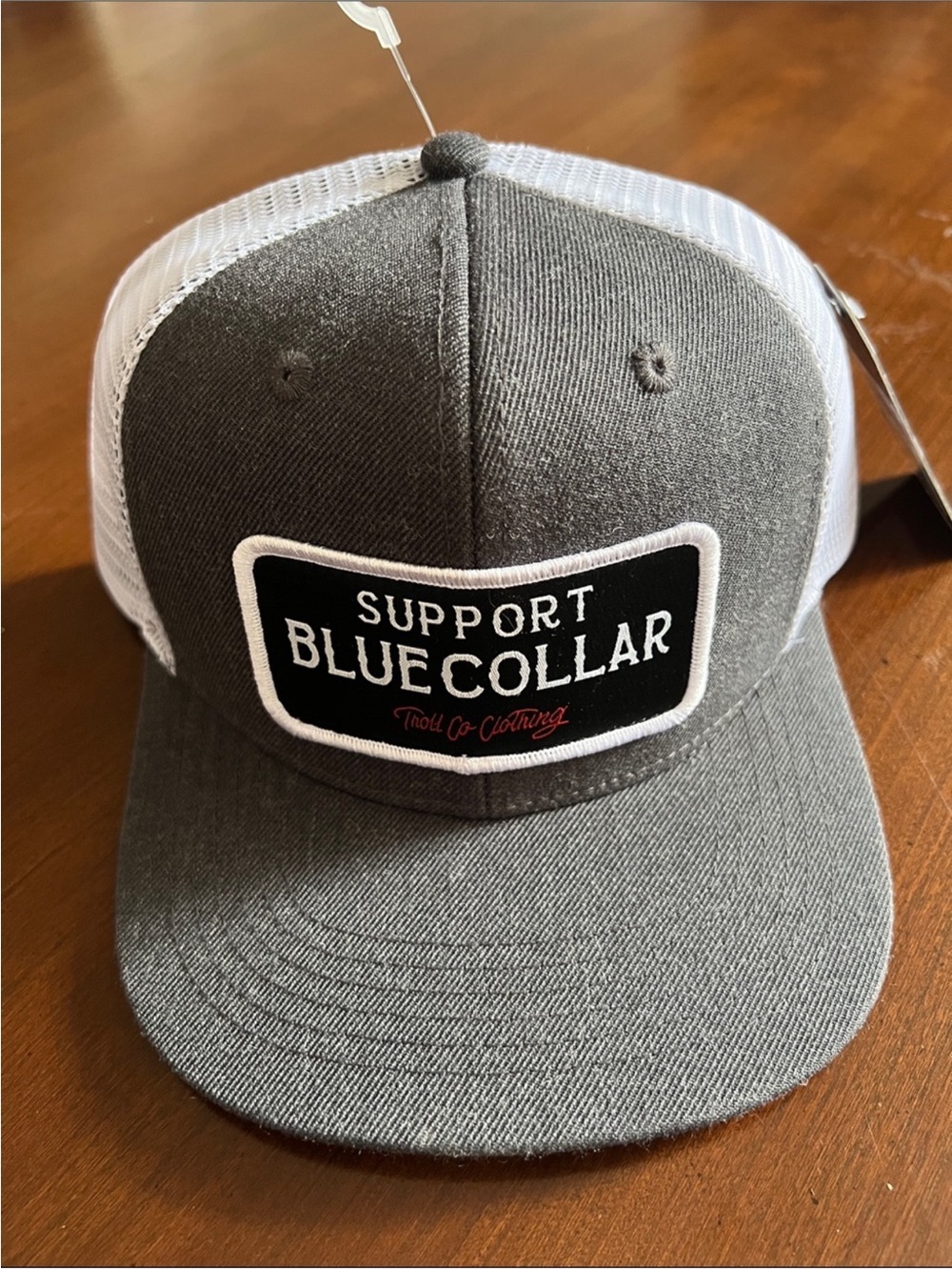 Support Blue Collar Gray & White Trucker Cap